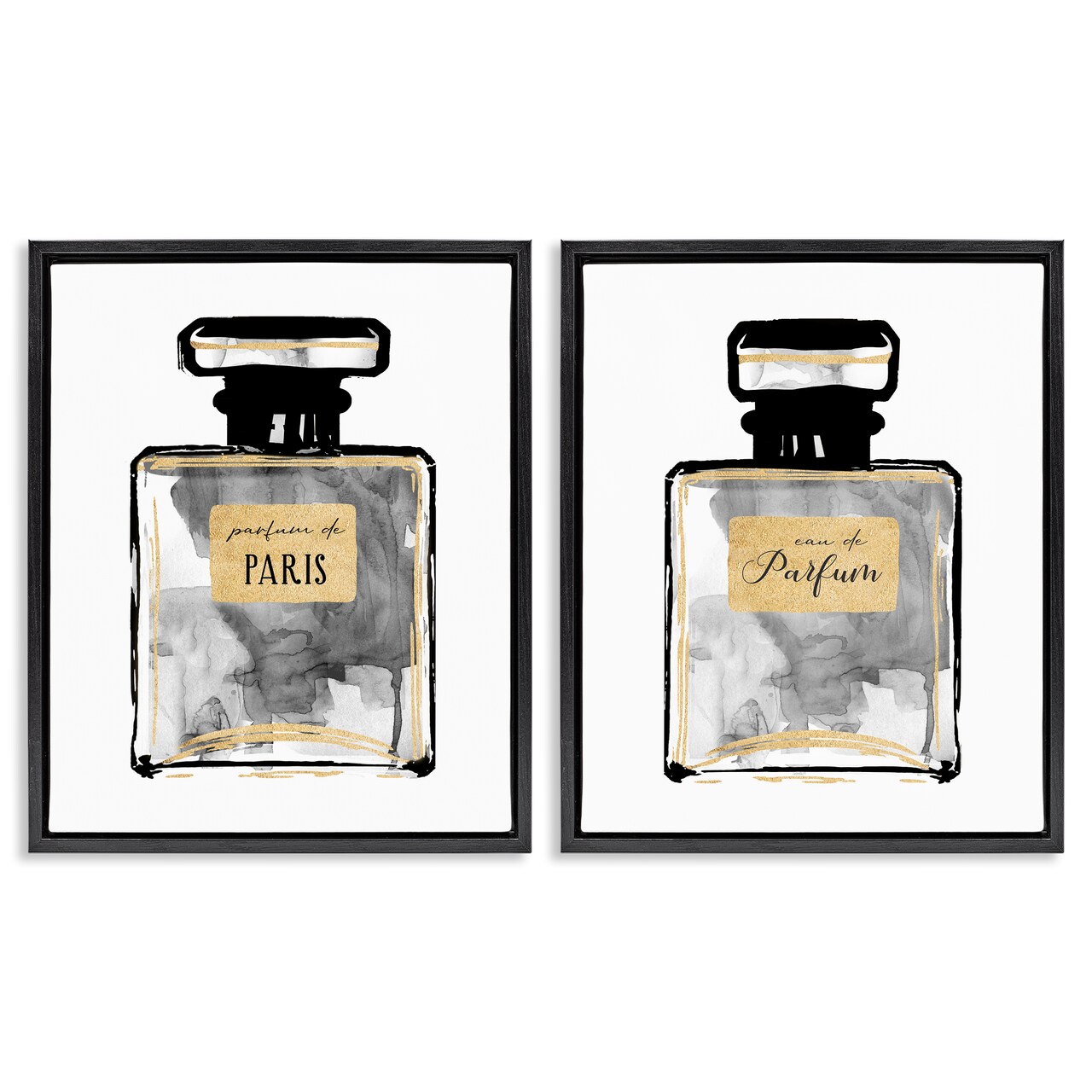 Stupell Industries Gray Gold Parfum Bottle 2 pc Framed Floater Canvas Wall Art Set Design by Carol Robinson